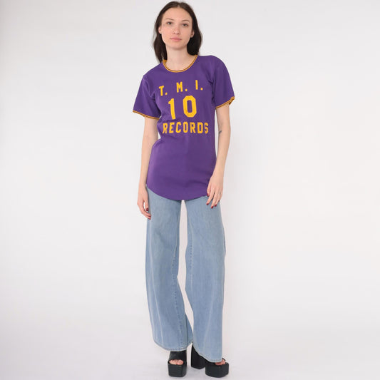 70s TMI Records Ringer Tee Purple Gold Applique Varsity Graphic Small S
