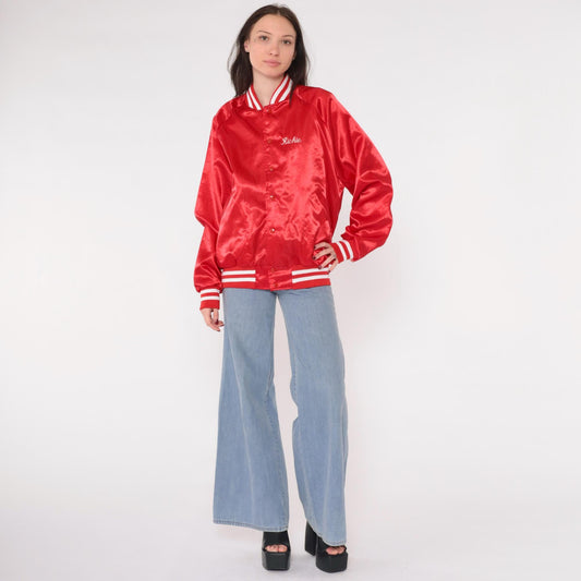80s Red Satin Bomber Jacket Salem Farms Campground Connecticut Graphic Men's Large