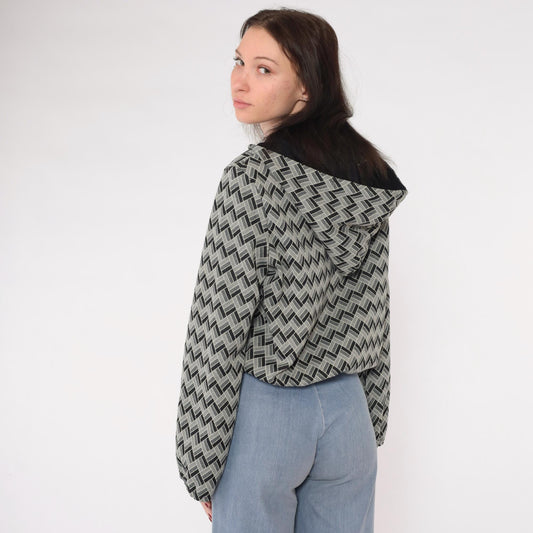 70s Geometric Print Hooded Pullover Grey Black Toggle Drawstring Medium