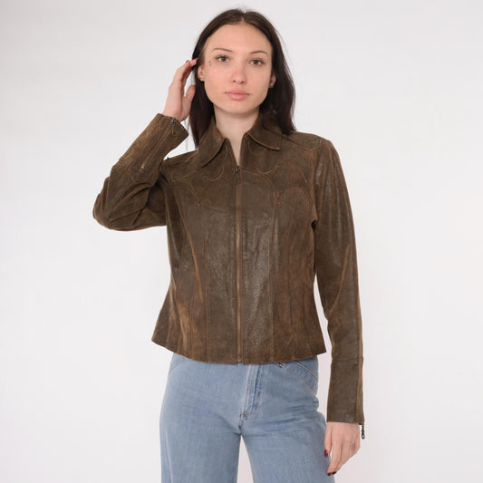 Y2K Brown Leather Moto Jacket Western Flame Applique Fitted Zip Small S
