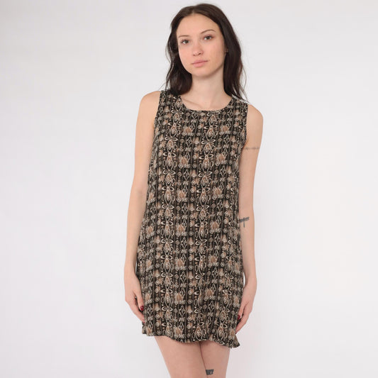 90s Geometric Mini Shift Dress Tan Brown Sleeveless Extra Small