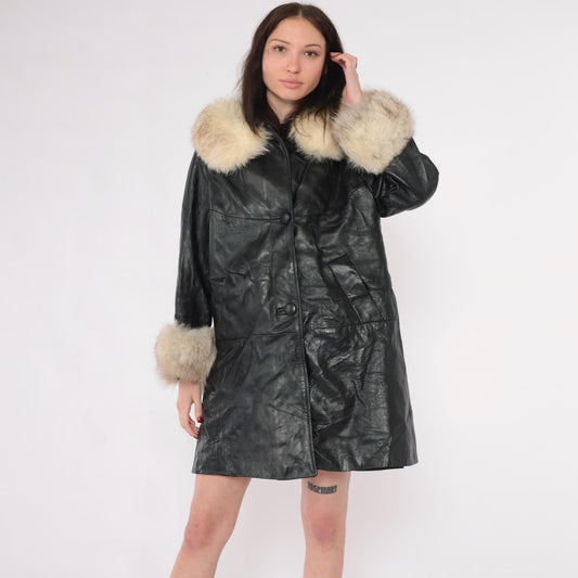 70s Black Leather Jacket Fur Collar Cuffs Button Front Medium