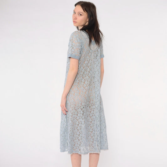 90s Blue Floral Lace Midi Dress Short Sleeve Shift Medium M
