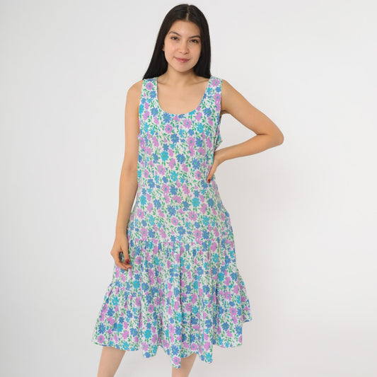 80s Floral Midi Dress White Blue Purple Tiered Drop Waist Sleeveless Medium