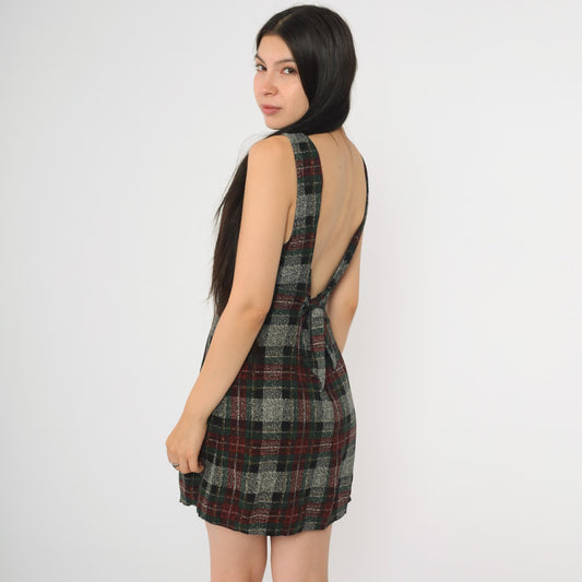 90s Plaid Sheath Dress Backless Grey Checkered Mini Sleeveless Small