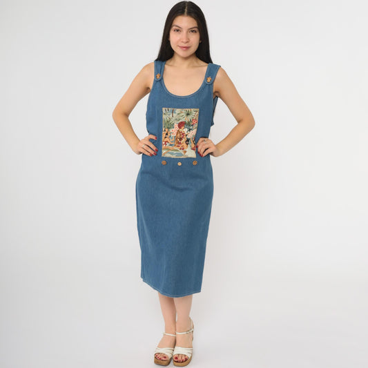 90s Hawaiian Denim Jumper Dress Tropical Print Midi Medium Petite