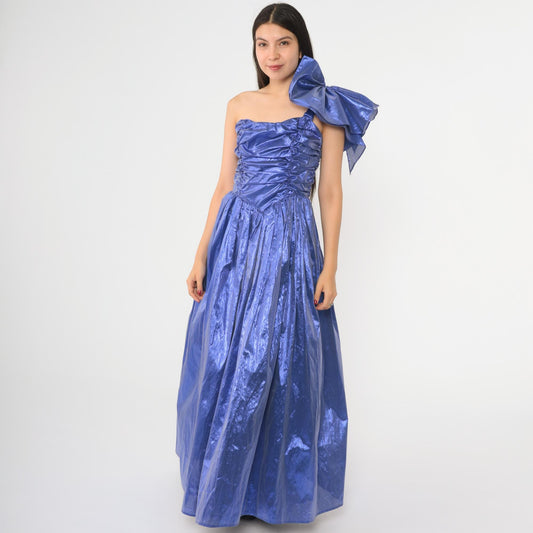 80s Gunne Sax Metallic Purple Taffeta One-Shoulder Ball Gown Maxi Extra Small