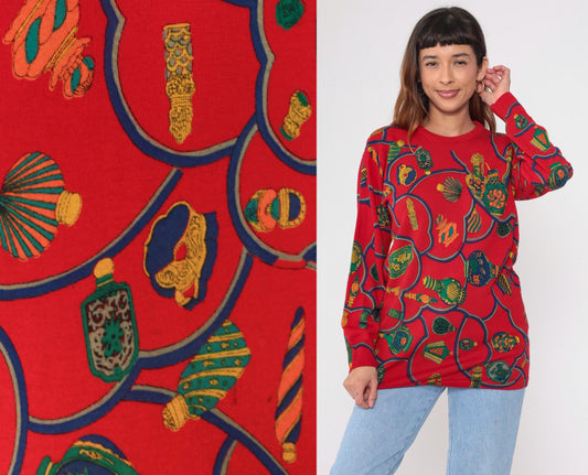 Y2K Red Wool Sweater Perfume Bottle Graphic Crewneck Medium M
