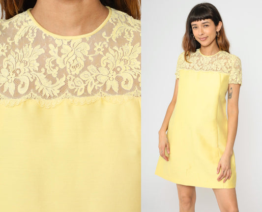 1960s Yellow Lace Yoke Mini Shift Dress Short Sleeve Pockets Small