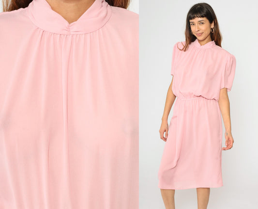 80s Pink Puff Sleeve Midi Dress High Waist Mock Neck Large L