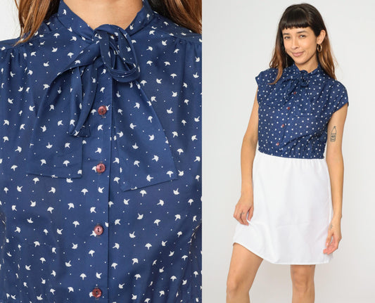 70s Two-Tone Mini Dress Navy White Ascot Bow Cap Sleeve Button Front Medium