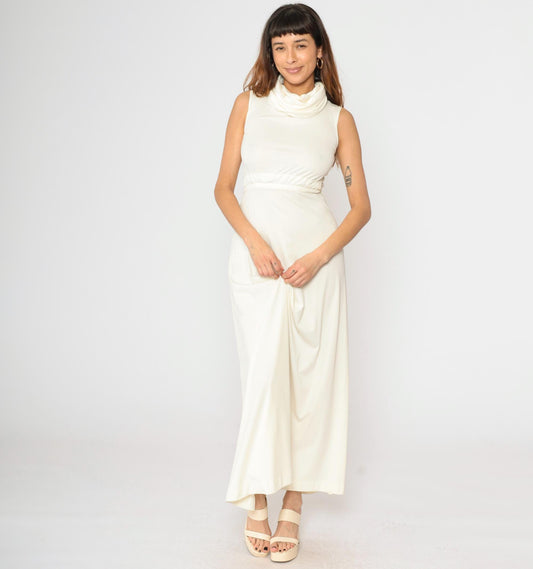 1970s White Maxi Dress Cowl Neck Cap Sleeve High Waist Grecian Gown Extra Small