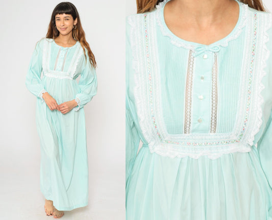 70s Barbizon Mint Blue Featherlite Maxi Nightgown Empire Waist Lace Medium