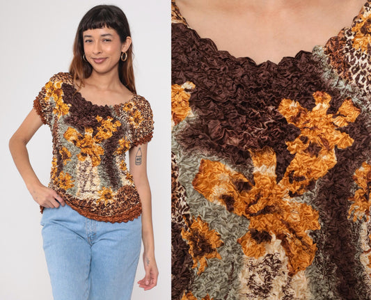 Y2K Popcorn Blouse Floral Leopard Print Brown Textured Short Sleeve Small Medium