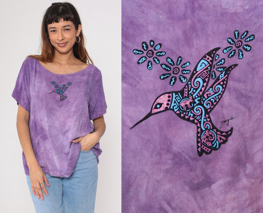 Y2K Purple Tie Dye Rayon Blouse Hummingbird Print Short Sleeve Large