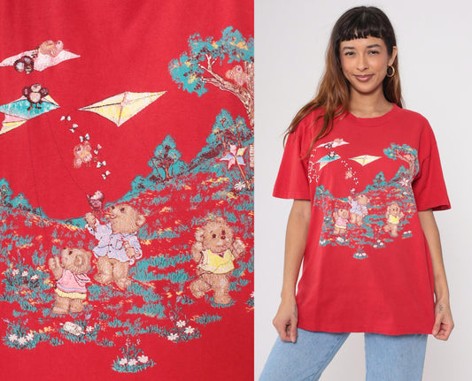 90s Teddy Bear Kite Graphic T-Shirt Red Crewneck Tee Large L