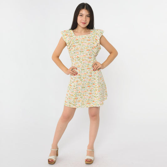 70s Animal Print Mini Shift Dress Novelty Rabbits Squirrels Birds White Medium