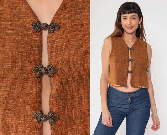 90s Burnt Orange Frog Closure Cropped Vest Woven Chinese Knot Medium