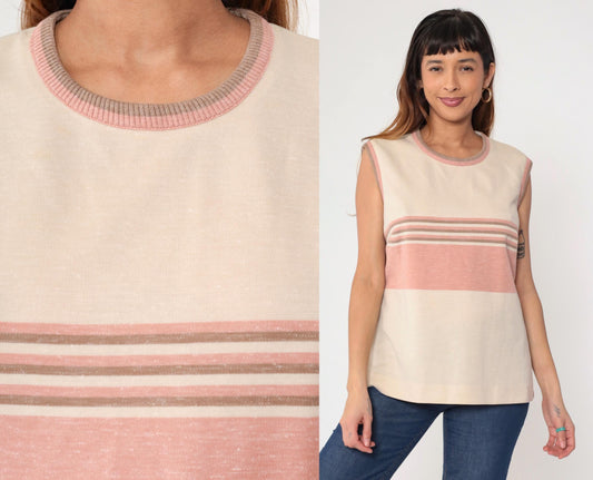 70s Striped Tank Top Cream Pink Ringer Neckline Sleeveless Medium Large