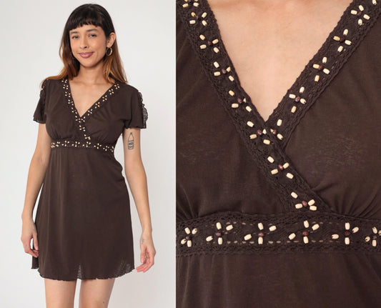 Y2K Style & Co Brown Burnout Babydoll Mini Dress Beaded Flutter Sleeve Small