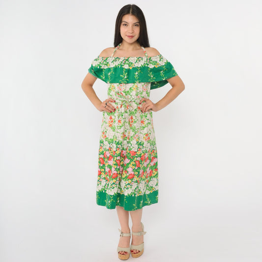 70s Parade Floral Off-Shoulder Midi Dress Green White Halter Small Medium