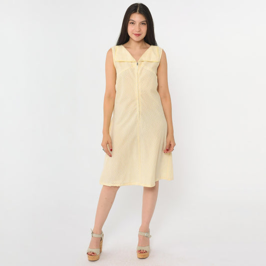 60s Yellow White Seersucker Striped Shift Dress Sleeveless Zip Front Knee Length Small