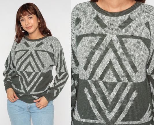 80s Grey Geometric Chevron Pullover Sweater Crewneck Knit Small S