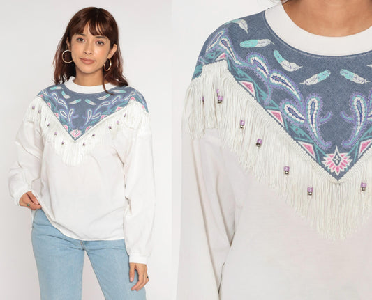 90s Southwest Fringe Long Sleeve T-Shirt White Beaded Yoke Paisley Large