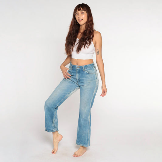 80s Wrangler Flared Jeans High Waist Bleached Distressed Blue 30