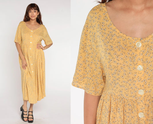 90s Yellow Floral Button-Up Shirtdress Rayon Maxi Ankle Length Medium