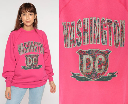 90s Washington DC Hot Pink Glittery Raglan Sweatshirt Crewneck Large