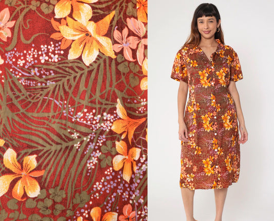 70s Floral Hawaiian Shift Dress Orange Tropical Button-Up Midi Extra Large