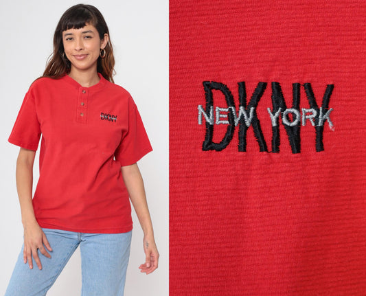 90s DKNY Henley Shirt Red Cotton Short Sleeve Button Up Medium M