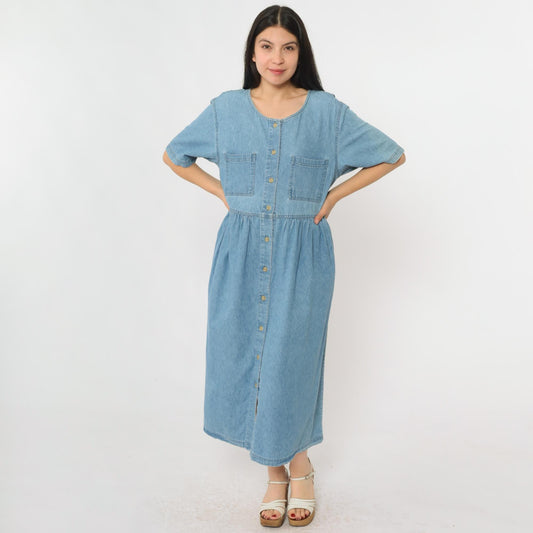 90s Mizz Lizz Blue Denim Midi Shirtdress Gathered Waist Medium M