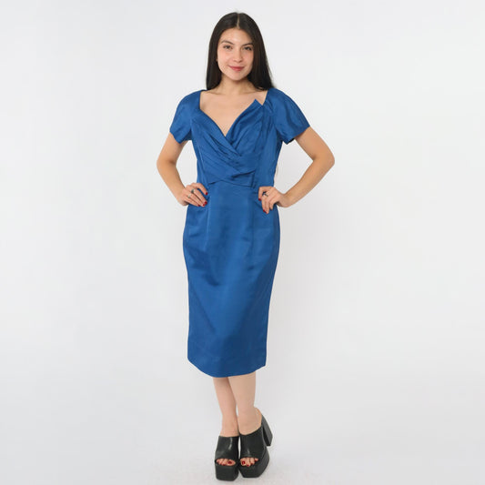 1960s Royal Blue Cocktail Dress Sculptural Neckline Midi Sheath Small S