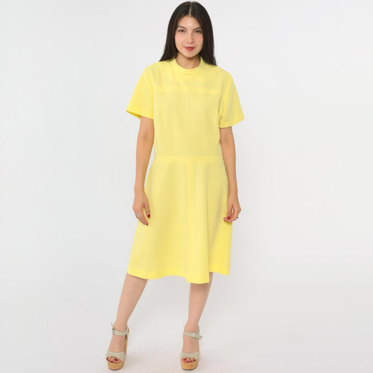 60s Yellow Mod Dress High Waist Ribbed Knit Knee Length Short Sleeve Large