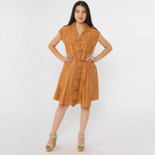 1950s Dynasty Silk Jacquard Dress Gold Asian Floral Cap Sleeve Fit Flare Medium