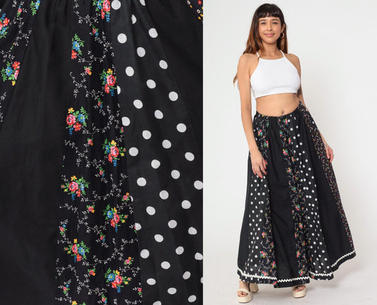 70s Carefree Fashions Floral Patchwork Maxi Skirt Black Ric-Rac High Waist Small Medium