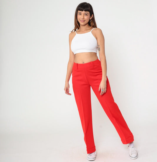 70s Red Flared High-Waist Trousers Cuffed Creased Vintage Pants Medium M