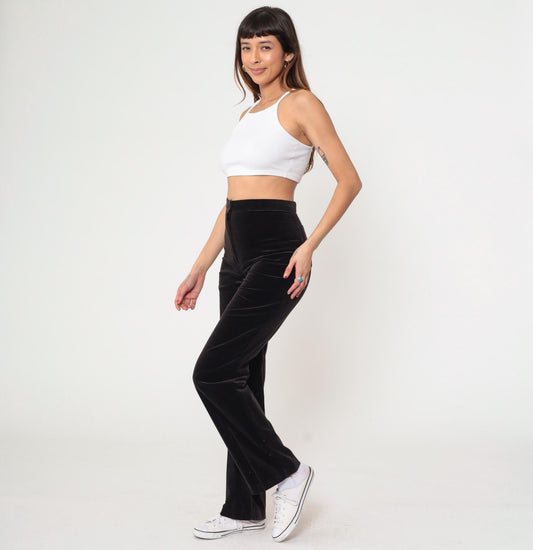 80s Brown Velvet High-Waisted Straight Leg Trousers Small S
