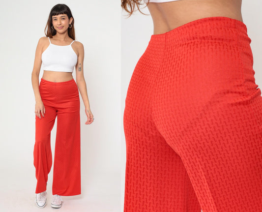 70s Red Wide Leg Flared Pants High Rise Geometric Texture Small Medium