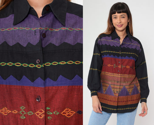 90s Sandy Starkman Geometric Patchwork Button Up Shirt Black Cotton Small