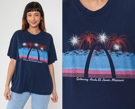 80s Gateway Arch St. Louis Missouri Graphic T-Shirt Navy Single Stitch Large