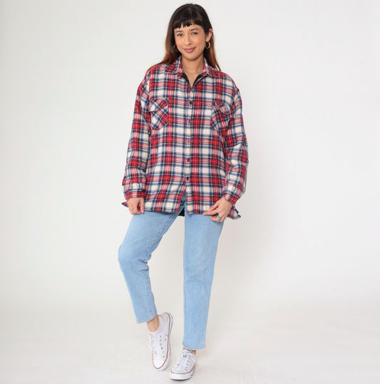 90s Dickies Plaid Insulated Overshirt Red White Blue Quilted Flannel Large