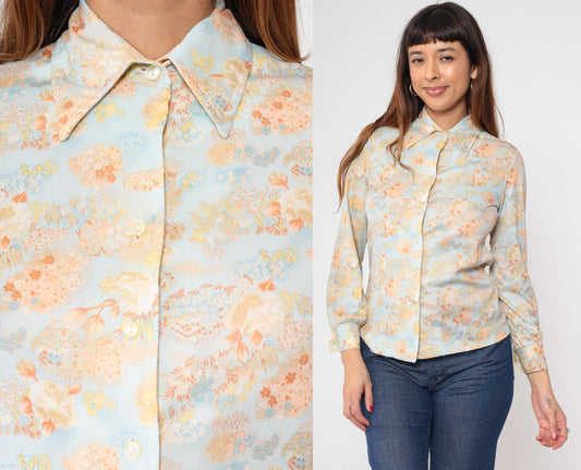 70s Sodi Floral Button-Up Blouse Blue Pointed Collar Long Sleeve Small