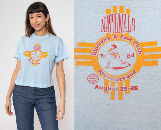 80s Albuquerque Women's A Fast Pitch Softball Graphic Tee Baby Blue Cropped Medium