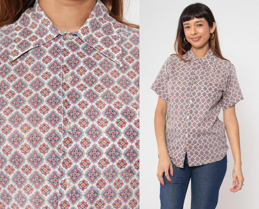 70s Geometric Mandala Button Up Shirt Pointed Collar Short Sleeve White Red Small