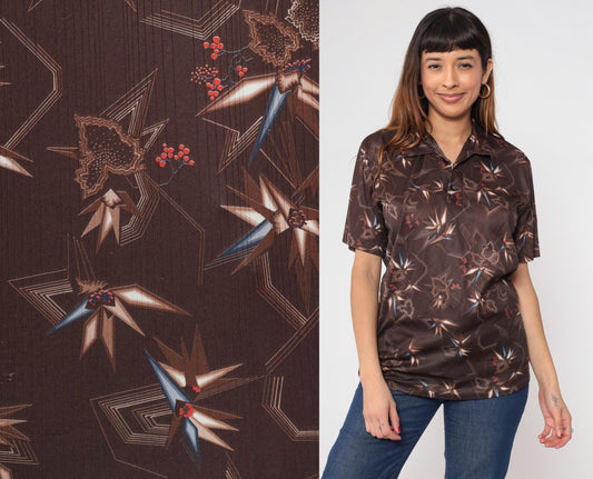 70s Stuart Mann Brown Geometric Print Button Up Shirt Dagger Collar Medium