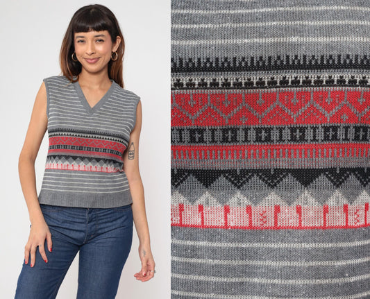 1970s Geometric Striped Knit Vest Grey Red White V-Neck Sleeveless Small