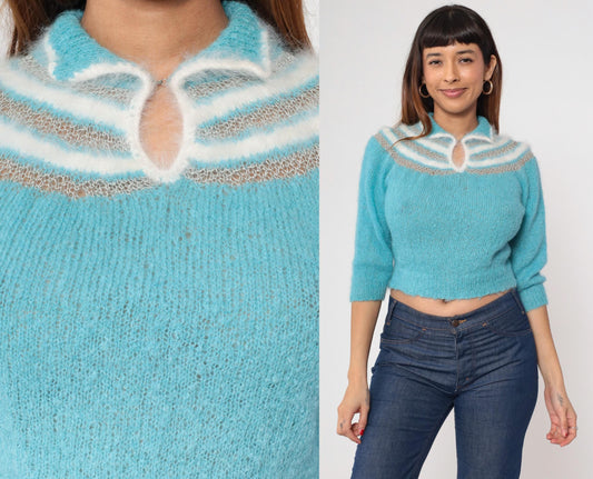 80s Blue Cropped Knit Sweater Keyhole Neckline Openwork Pullover Extra Small